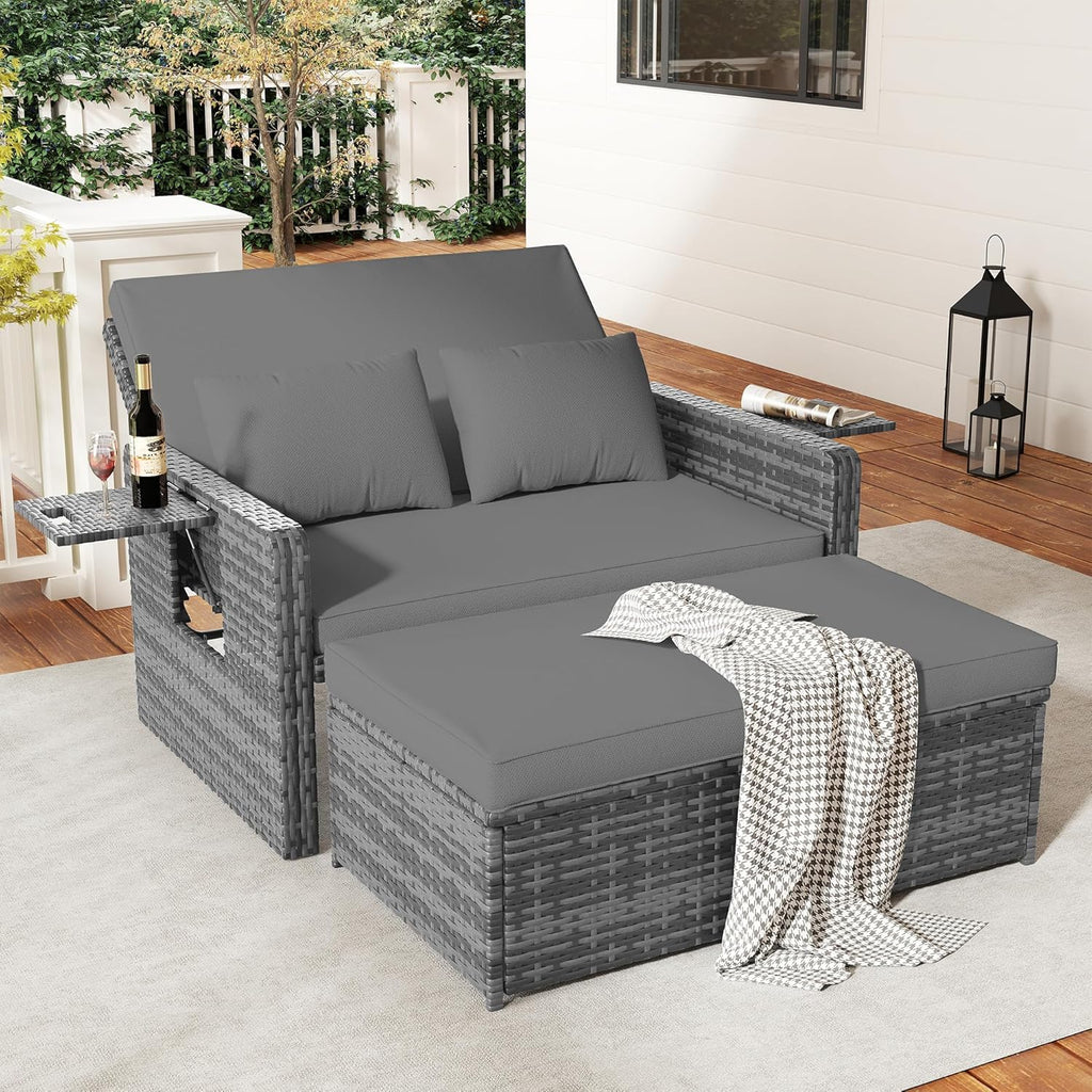 Amopatio Rattan Gartenlounge Outdoor Set, 2-Sitzer Gartensofa mit Auflagenbox & Verstellbarer Rückenlehne, Wetterfestes Lounge Möbel für Balkon und Terrasse mit Hocker und Kissen, Grey