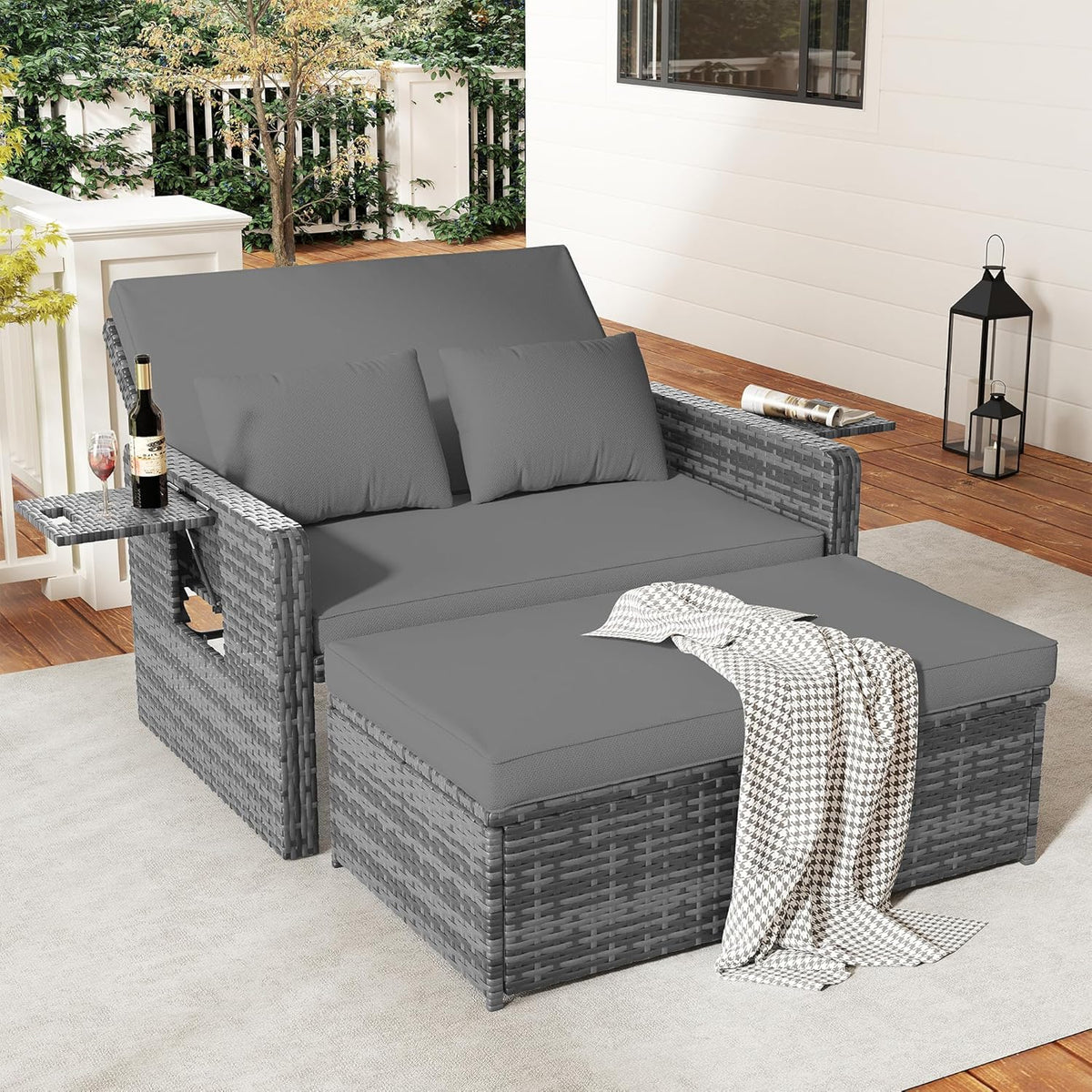 Amopatio Rattan Gartenlounge Outdoor Set, 2-Sitzer Gartensofa mit Auflagenbox & Verstellbarer Rückenlehne, Wetterfestes Lounge Möbel für Balkon und Terrasse mit Hocker und Kissen, Grey