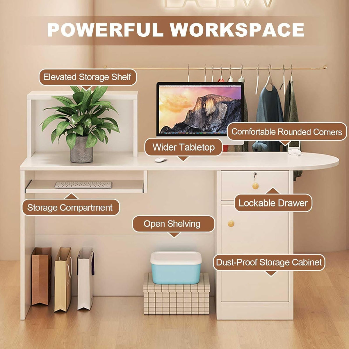 Mostrador de recepción con luz LED y cajón con llave, mostrador de pago moderno con bandeja para teclado para salón, oficina, tienda, vestíbulo o caja