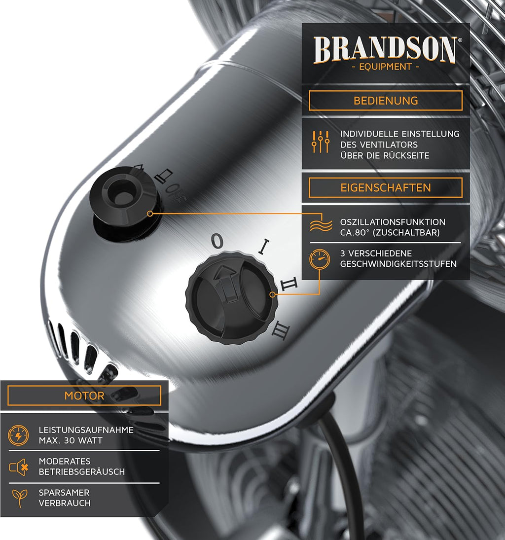 Brandson - Ventilador de mesa diseño retro - ventilador con 3 niveles de velocidad - ventilador móvil - oscilación de 80°, ángulo de inclinación aprox. 40° - carcasa de metal robusta - Silverline