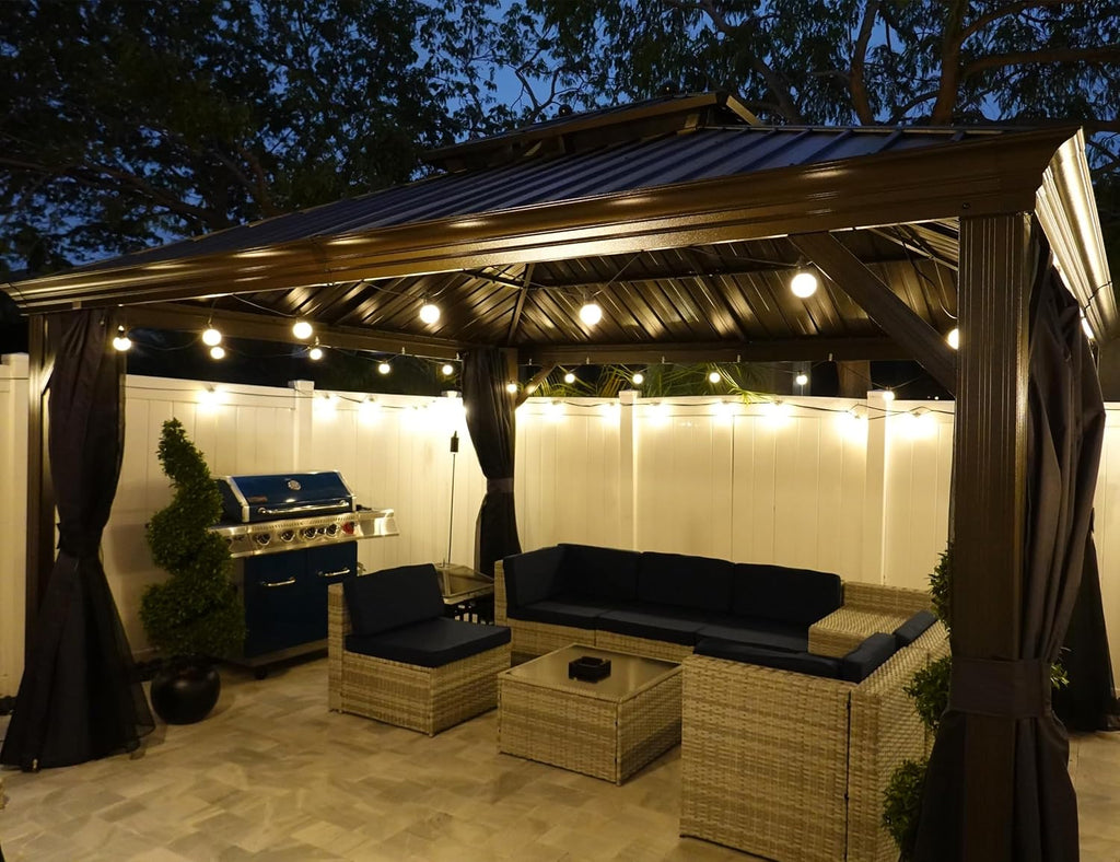 PURPLE LEAF Gazebo de jardín 3,65 x 4,25 m, pabellón de aluminio impermeable, estable y resistente al invierno, cenador con techo rígido de acero, 14,6 m², 24 luces LED, gris