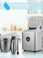 Eiswürfelmaschine Testsieger 2025, 14 kg 24 Stunden, 9 Eiswürfel in 6-8 Minuten, Gerauscharmer Betrieb, 120W Ice Maker mit Schaufel u. Korb, Eiswürfelbereiter Klein für Zuhause, Büro