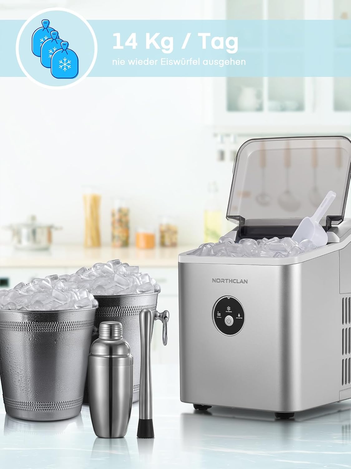Eiswürfelmaschine Testsieger 2025, 14 kg 24 Stunden, 9 Eiswürfel in 6-8 Minuten, Gerauscharmer Betrieb, 120W Ice Maker mit Schaufel u. Korb, Eiswürfelbereiter Klein für Zuhause, Büro