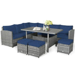 Conjunto de muebles de comedor para patio de 7 piezas de ratán con sofá seccional, mesa de comedor, otomanas y cojines