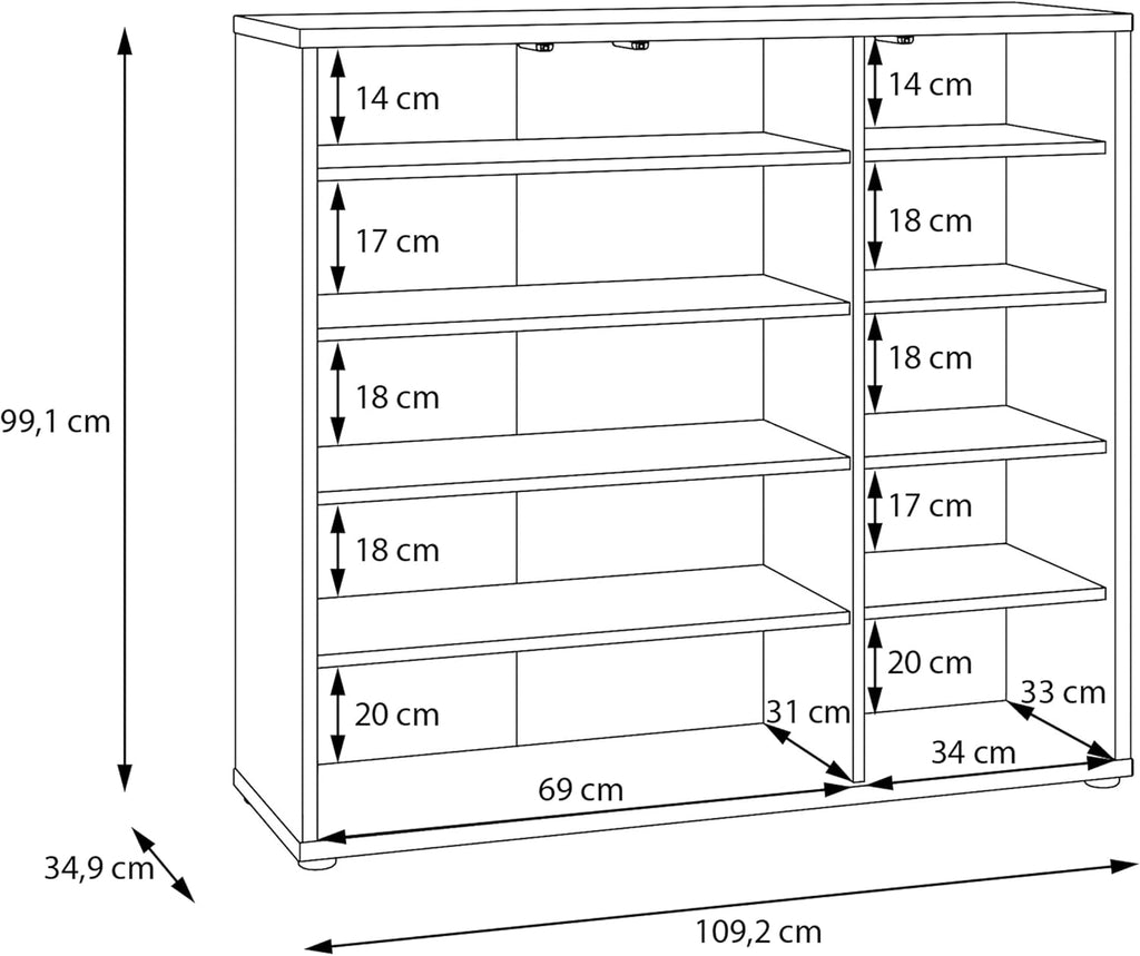 Forte Alice Springs Schuhschrank 100 110, Flurschrank mit 3 Türen und 8 Einlegeböden, Holzwerkstoff, Kaschmir Beige, 109,2 cm breit x 99,1 cm hoch x 34,9 cm tief