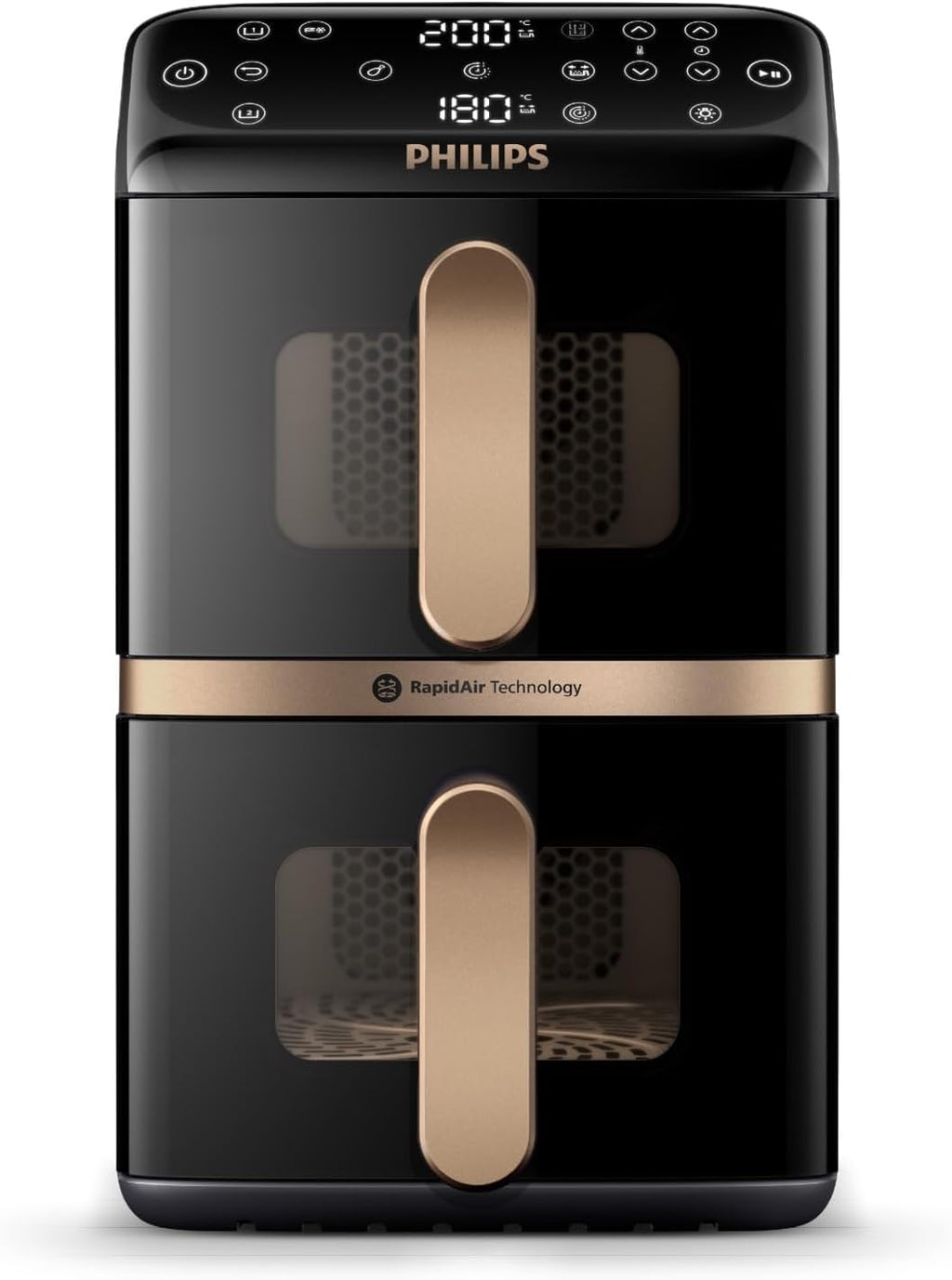 Philips Airfryer Serie 4000 de doble cesta apilada, freidora de aire con 2 cestas apiladas, 10 l, tecnología RapidAir, 45 % menos de espacio, revestimiento cerámico sin PFAS, ventana de visualización (NA462/70)