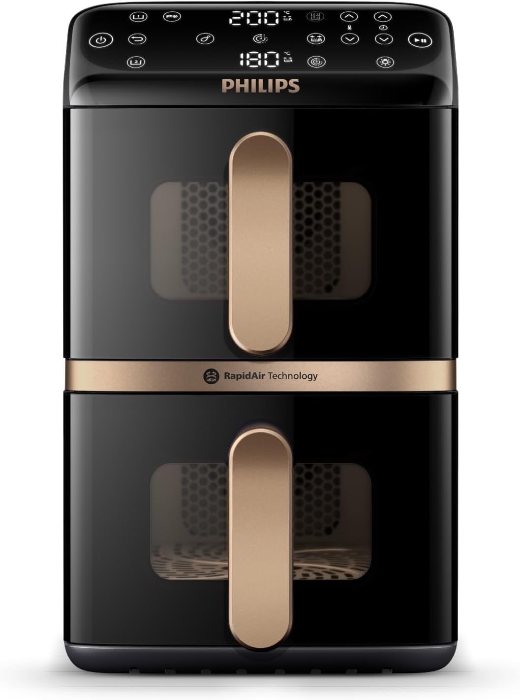 Philips Airfryer Serie 4000 de doble cesta apilada, freidora de aire con 2 cestas apiladas, 10 l, tecnología RapidAir, 45 % menos de espacio, revestimiento cerámico sin PFAS, ventana de visualización (NA462/70)