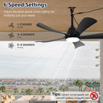 Ventilador de techo para exteriores con luz IP65 resistente al agua, 106 cm, silencioso, con iluminación y mando a distancia, regulable, 6 velocidades, temporizador, lámpara con ventilador para terraza y cenador, negro