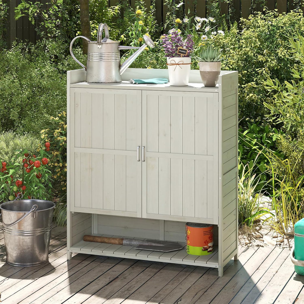 COSTWAY Pflanztisch Outdoor wetterfest, Gärtnertisch Holz, Blumentisch mit Unterschrank, Abfalleimer & verstellbarem Regal, Gärtnertisch für Garten Terrasse Hof, 102 x 43,5 x 152 cm, Natur