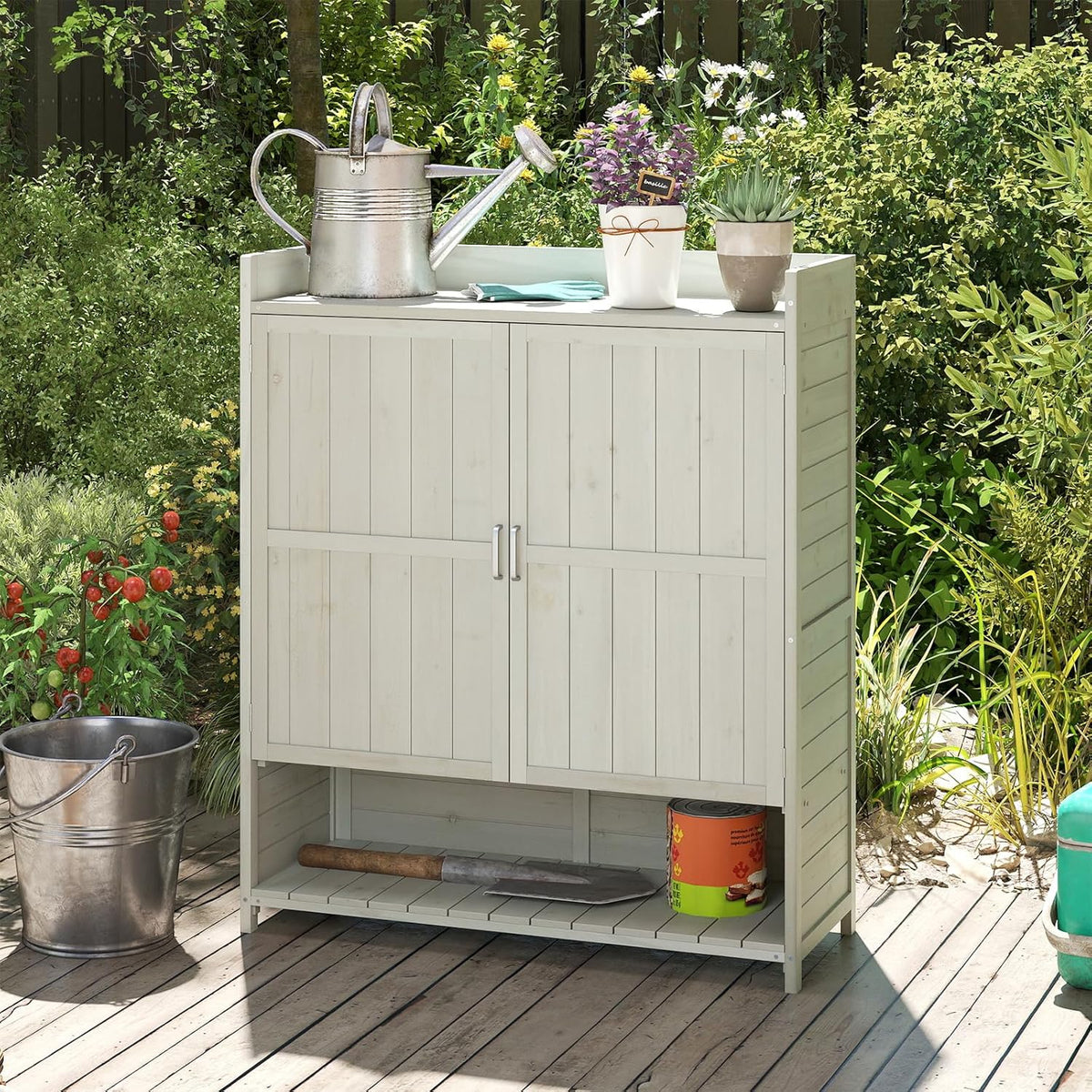 COSTWAY Pflanztisch Outdoor wetterfest, Gärtnertisch Holz, Blumentisch mit Unterschrank, Abfalleimer & verstellbarem Regal, Gärtnertisch für Garten Terrasse Hof, 102 x 43,5 x 152 cm, Natur