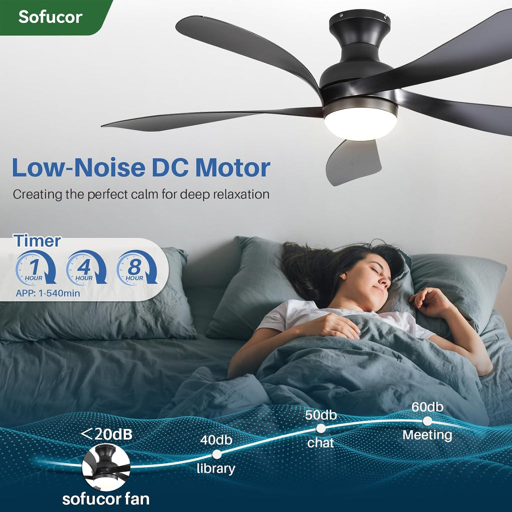 Ventilador de techo inteligente Sofucor con iluminación, ventilador de techo de 132 cm con luz, Alexa/APP, control remoto, 3 temperaturas de color, temporizador, 6 velocidades, motor CC silencioso para dormitorio y salón