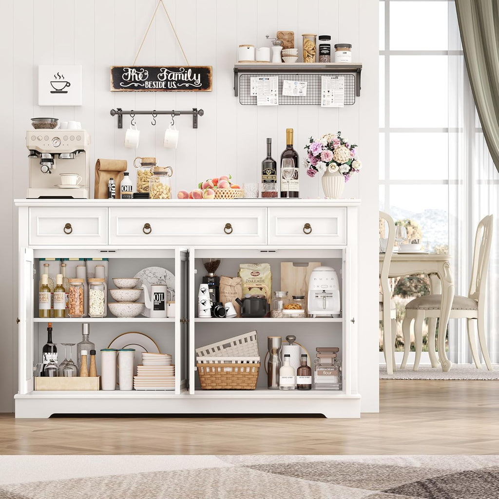 FirFurd Sideboard Küchenschrank mit Arbeitsplatte Buffetschrank Sideboard für Küche Wohnzimmer Wohnzimmerschrank mit 3 Schubladen und 4Türen Küchenbuffet mit Verstellbares Regal 134x87x40 cm weiß