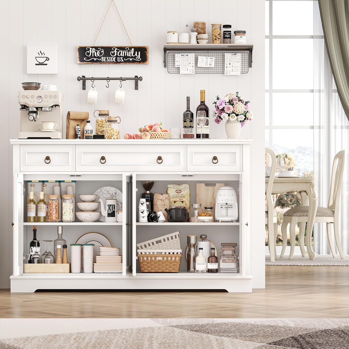 FirFurd Sideboard Küchenschrank mit Arbeitsplatte Buffetschrank Sideboard für Küche Wohnzimmer Wohnzimmerschrank mit 3 Schubladen und 4Türen Küchenbuffet mit Verstellbares Regal 134x87x40 cm weiß