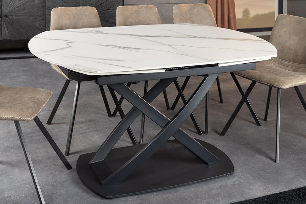 Mesa de comedor extensible Riess Ambiente Inception - 130–190 cm - blanca - ovalada, cerámica con efecto mármol blanco, estructura de metal negro