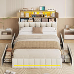 Cama KIMENICH 140x200 cm, estructura de cama doble, cama con iluminación LED, cama tapizada, 4 cajones, estación de carga, marco de metal y cabecero de madera con almacenamiento, para dormitorio, habitación de invitados, blanco + natural