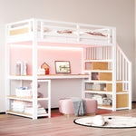 Cama alta de metal Kebnor con escalera de almacenamiento con estantes y mesa, diseño de valla de seguridad con tablones de metal empalmados, cama con estructura de hierro alta con marco de metal para mayor estabilidad (Blanco 90 * 200 cm)