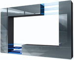 Mueble de salón Vladon Mirage, fabricado en Alemania, mueble mural con panel trasero con 2 puertas, 2 puertas abatibles y 6 estantes de cristal abiertos, negro mate/gris brillante, incluye iluminación LED (262 x 183 x 39 cm)