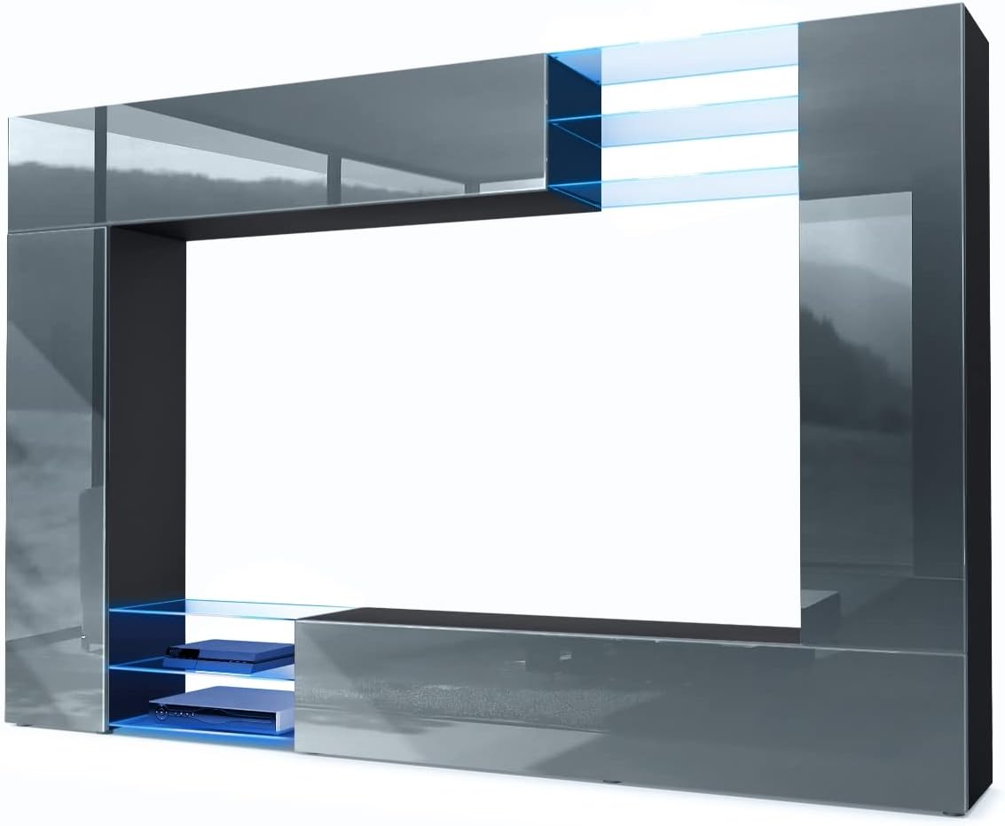 Mueble de salón Vladon Mirage, fabricado en Alemania, mueble mural con panel trasero con 2 puertas, 2 puertas abatibles y 6 estantes de cristal abiertos, negro mate/gris brillante, incluye iluminación LED (262 x 183 x 39 cm)