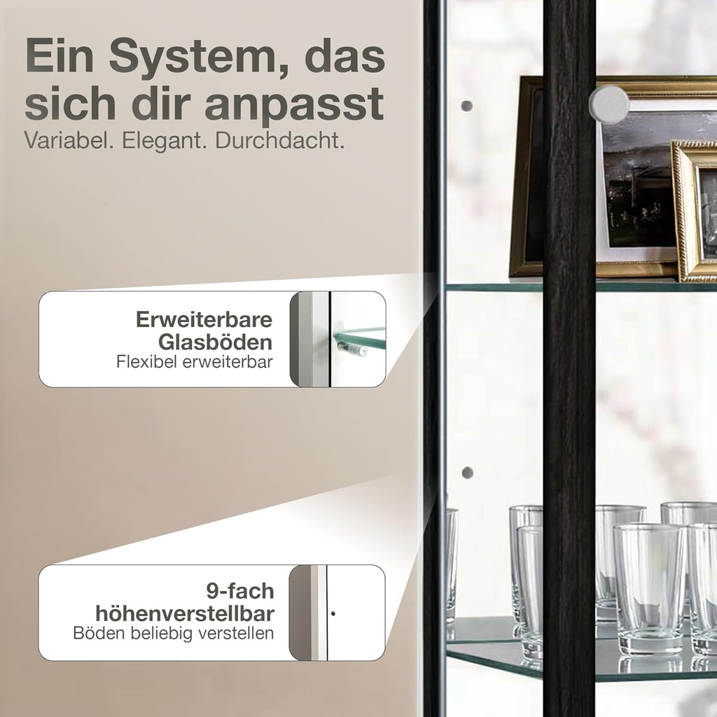 Glas Vitrinenschrank 2-türig (176x67x33cm) - Made in Germany - Standvitrine Schwarz mit 4 höhenverstellbaren Glasböden, Spiegel, Schloss & LED - Glasvitrine Stehend - Sammler