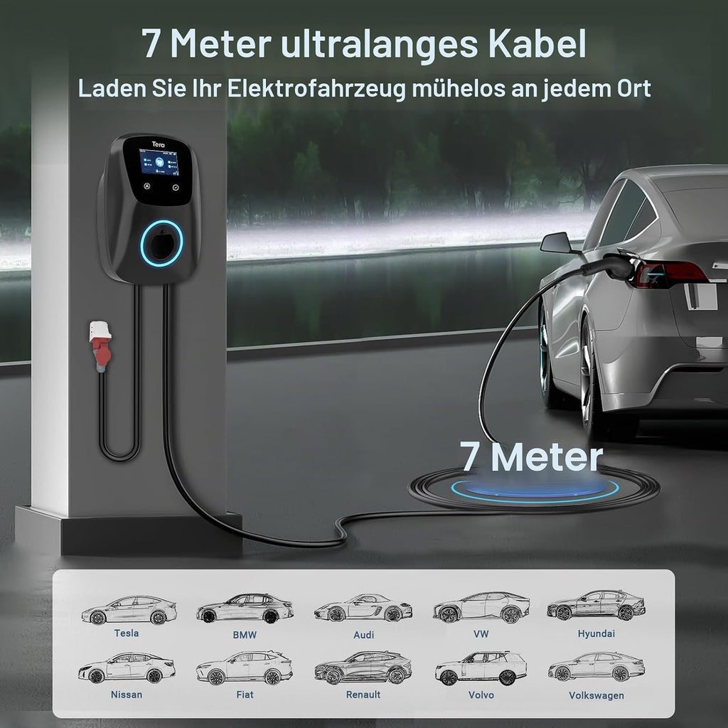 Tera EV Ladegerät Smart APP mit 32A Typ 2 22kW oder 11kW Heim Ladestation 400V CE & TÜV Wallbox 7m Ladekabel mit Ladegerätehalter App-Steuerung CEE 3-Phasen Stecker für Alle EVs und PHEVs W01 Schwarz