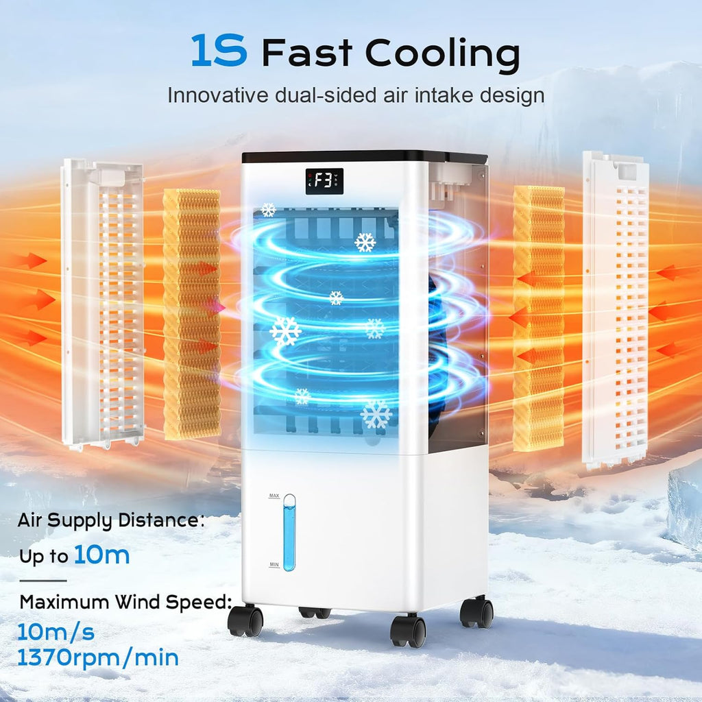 Klimaanlage Mobil Ohne Abluftschlauch, 4 IN 1 Verdunstungskühler Wassertank Leiser Luftkühler Schlafmodus 4 Modi 3 Geschwindigkeiten 60/120° Oszillation 1-12h Timer 4 Kühlakku für Zuhause Schlafzimmer