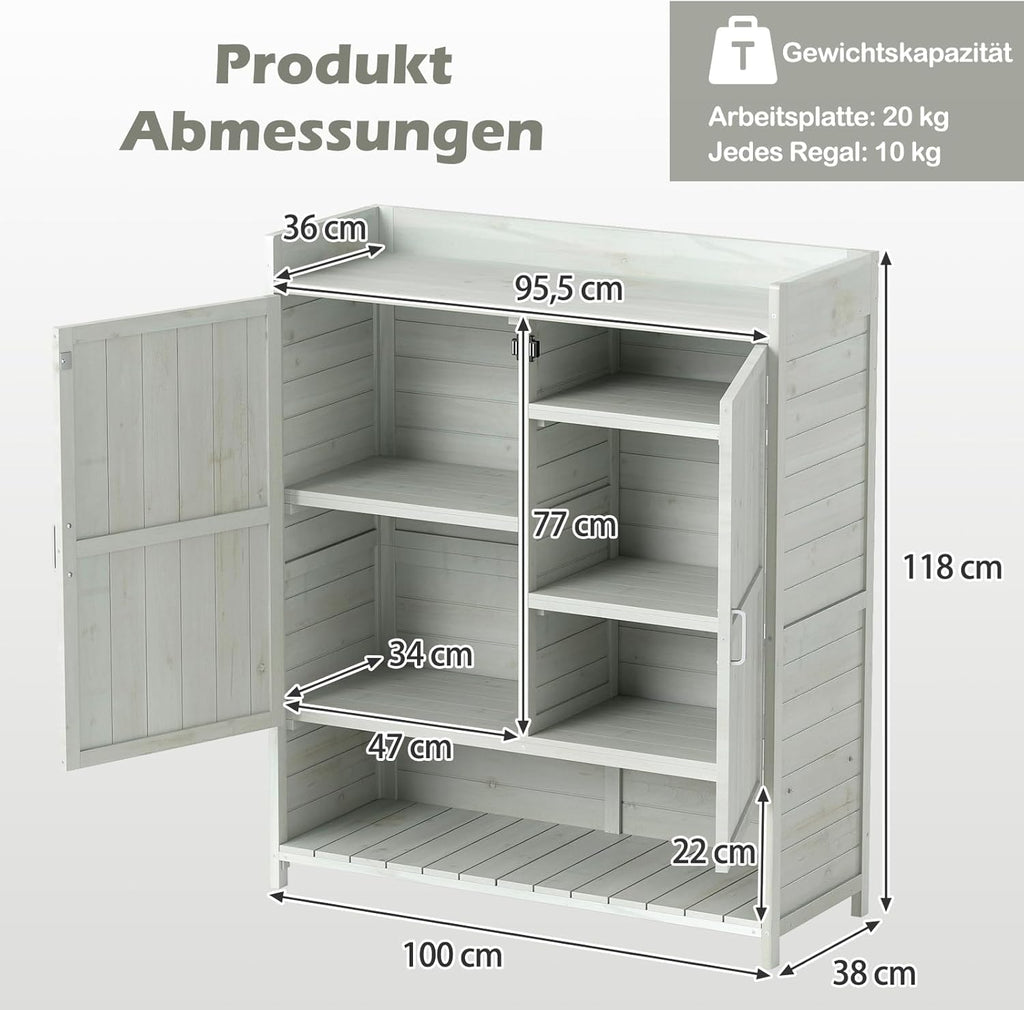 COSTWAY Pflanztisch Outdoor wetterfest, Gärtnertisch Holz, Blumentisch mit Unterschrank, Abfalleimer & verstellbarem Regal, Gärtnertisch für Garten Terrasse Hof, 102 x 43,5 x 152 cm, Natur