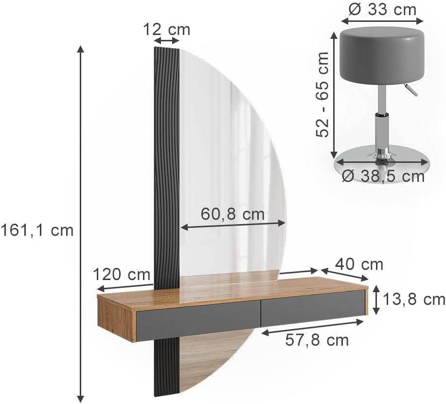 Tocador Vicco Melisa, gris, 120 cm con iluminación y taburete, altura flexible, perfectamente ajustable a las necesidades individuales
