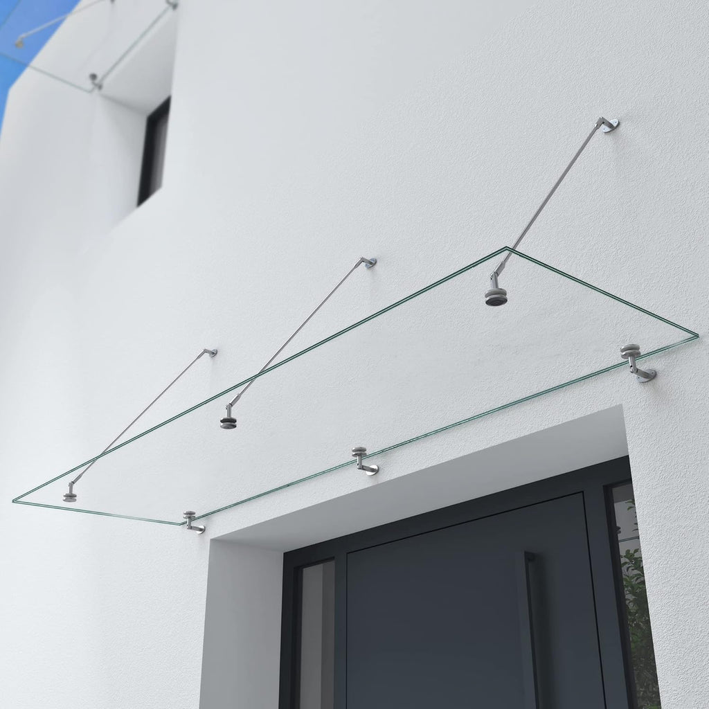 doporro Marquesina de cristal laminado de seguridad (VSG) con lámina SGP VDG02K, medidas: 90x250 cm, 3 barras de sujeción de acero inoxidable, marquesina transparente para puerta de entrada, protección contra la lluvia