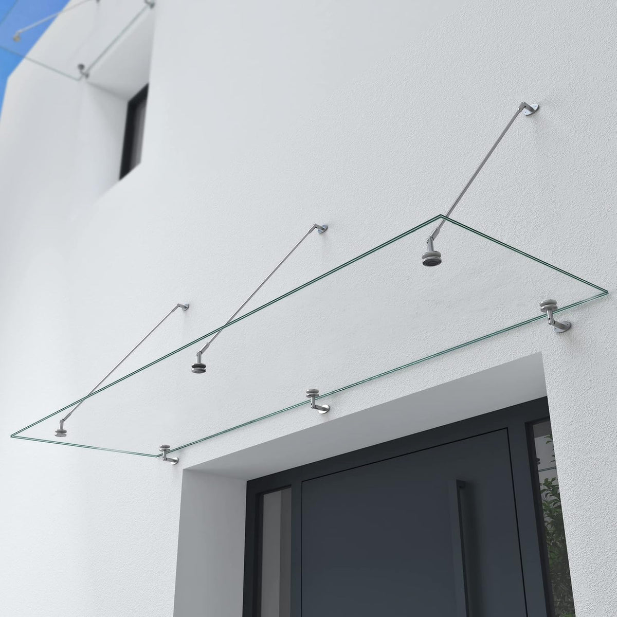 doporro Marquesina de cristal laminado de seguridad (VSG) con lámina SGP VDG02K, medidas: 90x250 cm, 3 barras de sujeción de acero inoxidable, marquesina transparente para puerta de entrada, protección contra la lluvia