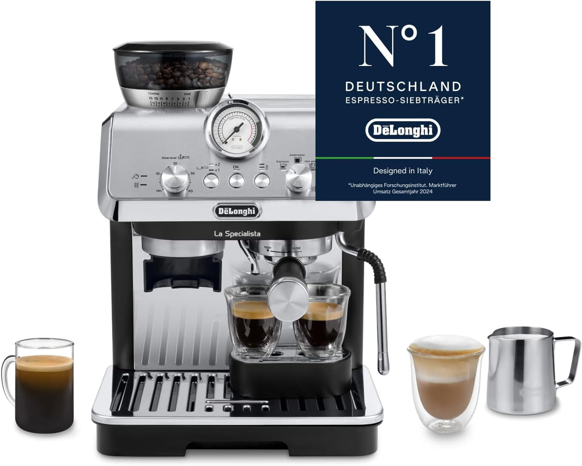 Máquina de café espresso De'Longhi La Specialista Arte EC9155.MB, cafetera con molinillo, 8 niveles de molienda, 15 bares, 3 temperaturas, boquilla para espuma de leche, 1550W, depósito de 1,7L, acero inoxidable/negro incluye kit de barista