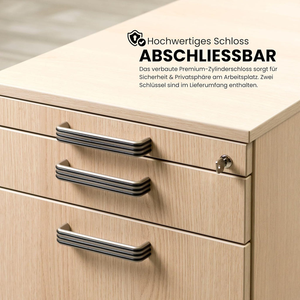 bümö Cajonera móvil con cajones, contenedor con cerradura de madera en haya - Carrito para oficina como mueble bajo de escritorio, cajonera de oficina o contenedor de escritorio con tiradores de barra