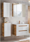 Conjunto de muebles de baño Lomadox con lavabo de 81 cm y armario con espejo LED, blanco brillante con imitación roble Wotan, armario colgante, armario bajo