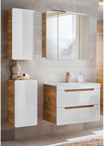 Conjunto de muebles de baño Lomadox con lavabo de 81 cm y armario con espejo LED, blanco brillante con imitación roble Wotan, armario colgante, armario bajo