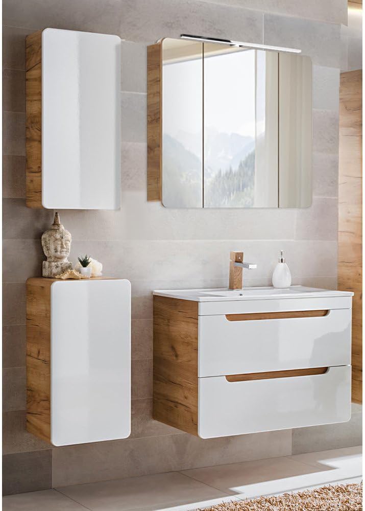 Conjunto de muebles de baño Lomadox con lavabo de 81 cm y armario con espejo LED, blanco brillante con imitación roble Wotan, armario colgante, armario bajo