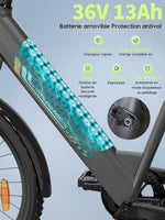 Bicicleta eléctrica de 26" para adultos, bicicleta eléctrica de 7 velocidades con batería intercambiable de 36V 13Ah, 25 km/h y autonomía de 80-100 km para viajeros urbanos