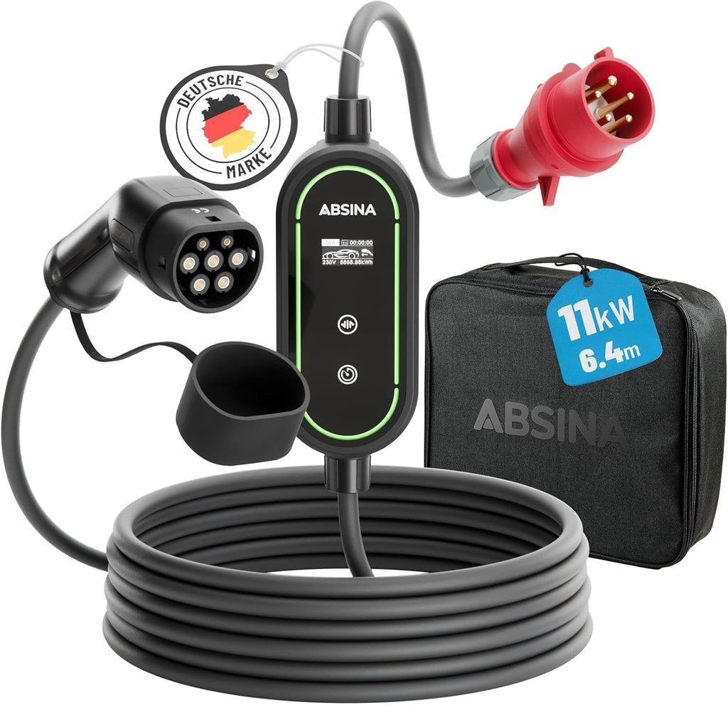 ABSINA Mobile Wallbox 11kW mit Einstellbarer Ladeleistung - Typ 2 Ladekabel E Auto 16A 3 phasig IP67 mit 6,6 m Kabel - 11kW Ladegerät für i3, e-Up, ID.3, Zoe, fortwo, Kona und viele mehr