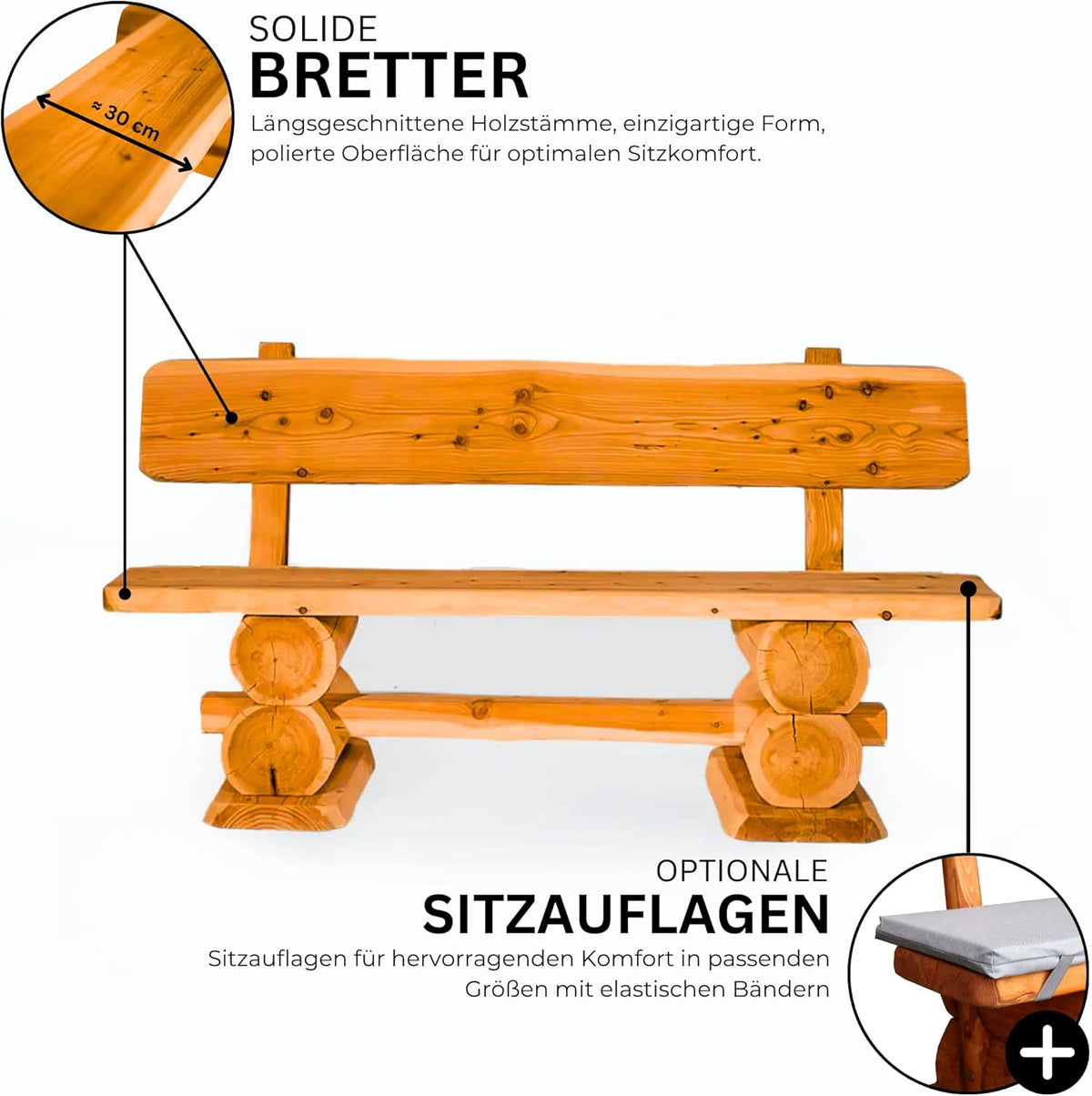 Mega Holz Gartenbank Rustikal Pinie Lasiert 200 cm - Massivholz Bank aus Kiefernholz - Fertig montierte Sitzbank für Terrasse, Garten & Balkon mit Rückenlehne - Für 4 Personen, wetterfest & robust