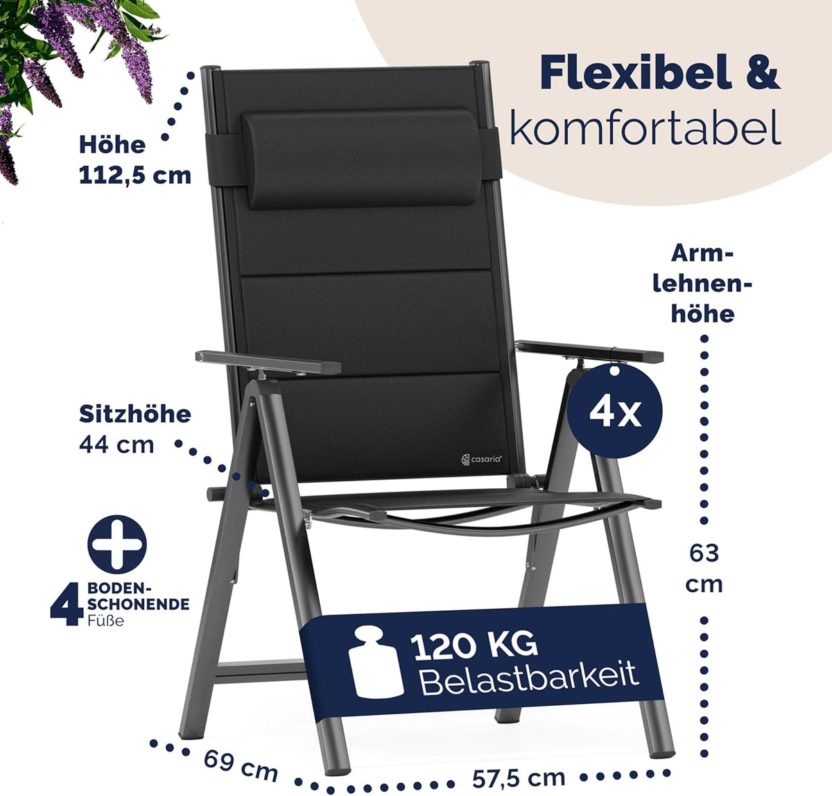 Casaria® Gartenstühle 4er Set Klappbar Gepolstert Alu 8- Fach Verstellbar 120 kg Belastbarkeit Wetterfest Outdoor Balkon Camping Hochlehner Klappstuhl