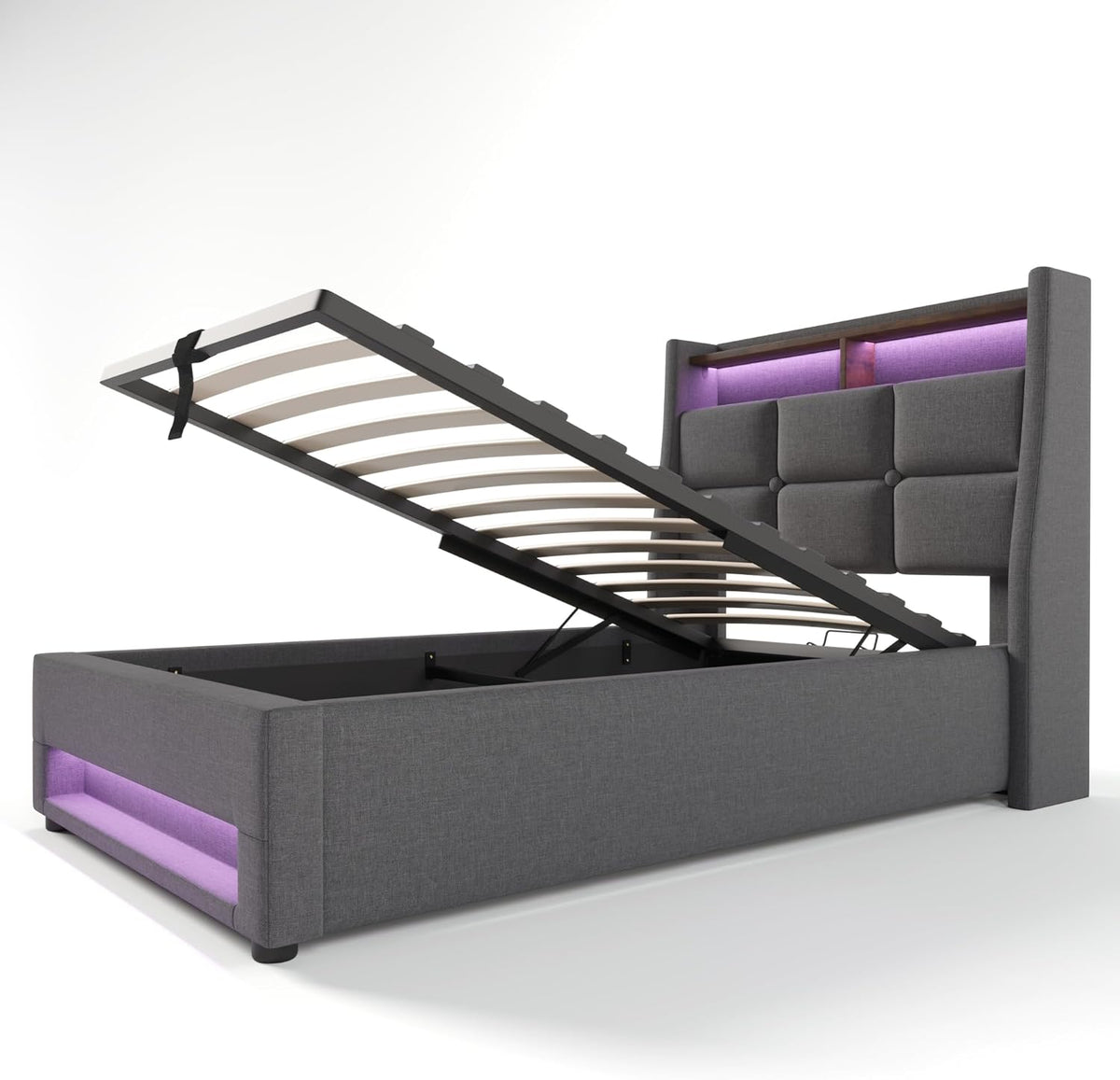 Cama tapizada Kayan 90x200cm, cama individual con almacenamiento y somier, cabecero LED con función de carga USB, cama con almacenamiento, cama funcional, respaldo, estructura de cama, lino (Gris, 90x200cm)