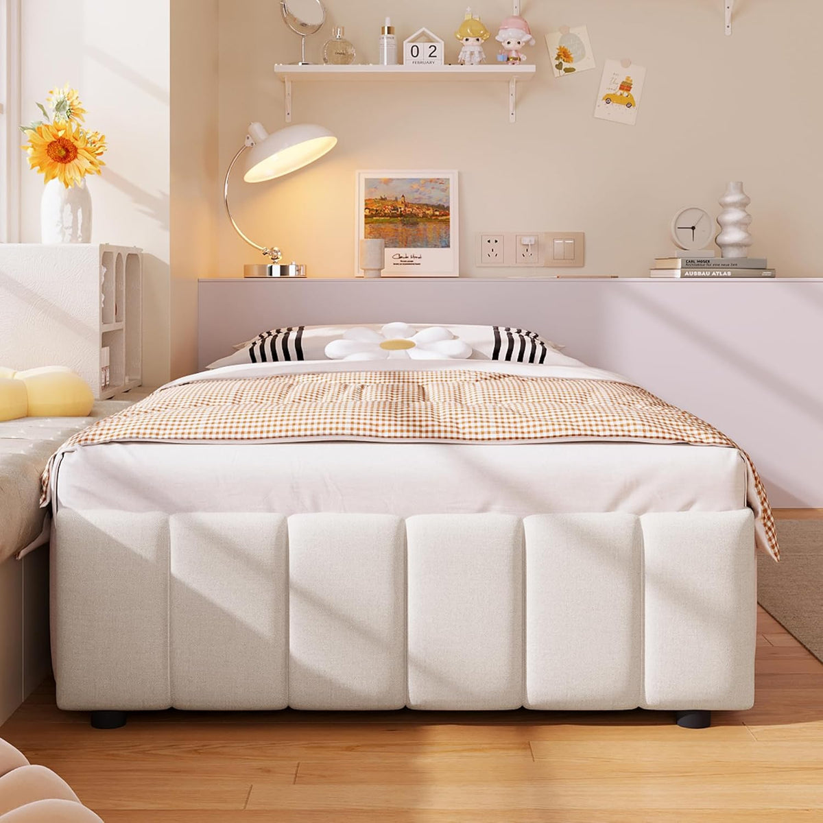 Cama tapizada 90x200, cama individual con espacio de almacenamiento y somier, sin cabecero, marco de cama con arcón hidráulico, cama con almacenaje hidráulico, estructura de cama, cama juvenil, lino, sin colchón, beige