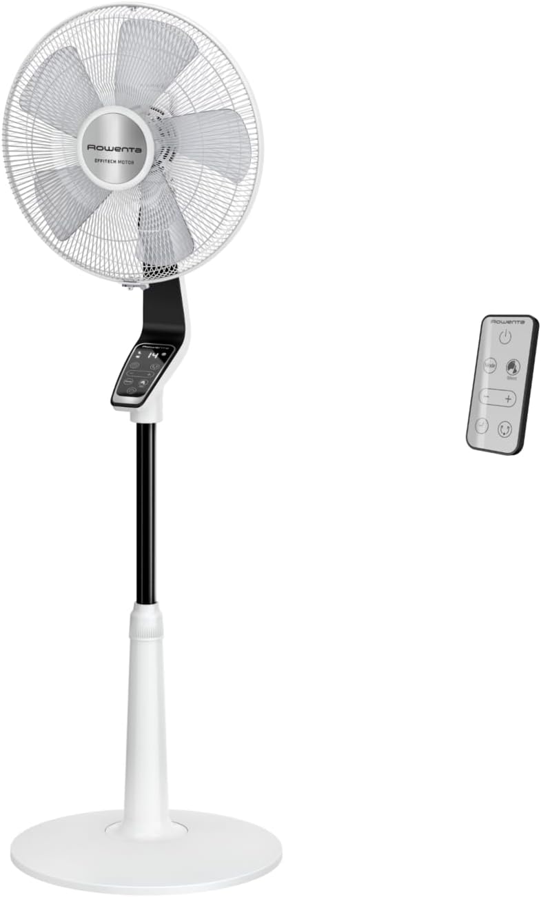 Ventilador de pie Rowenta Turbo Silence Extreme, 14 velocidades, modo noche silenciosa de 32 dB, mando a distancia, oscilación, altura regulable, circulación de aire hasta 8,2 m, blanco, VU5690F0