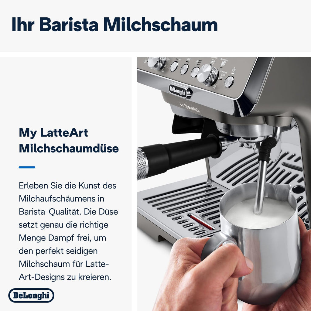 Cafetera espresso De'Longhi La Specialista Arte EC9155.MB con portafiltro y molinillo, 8 niveles de molienda, 15 bares, 3 niveles de temperatura, boquilla para espuma de leche, 1300 W, depósito de 1,5 l, acero inoxidable/negro, incluye kit de barista