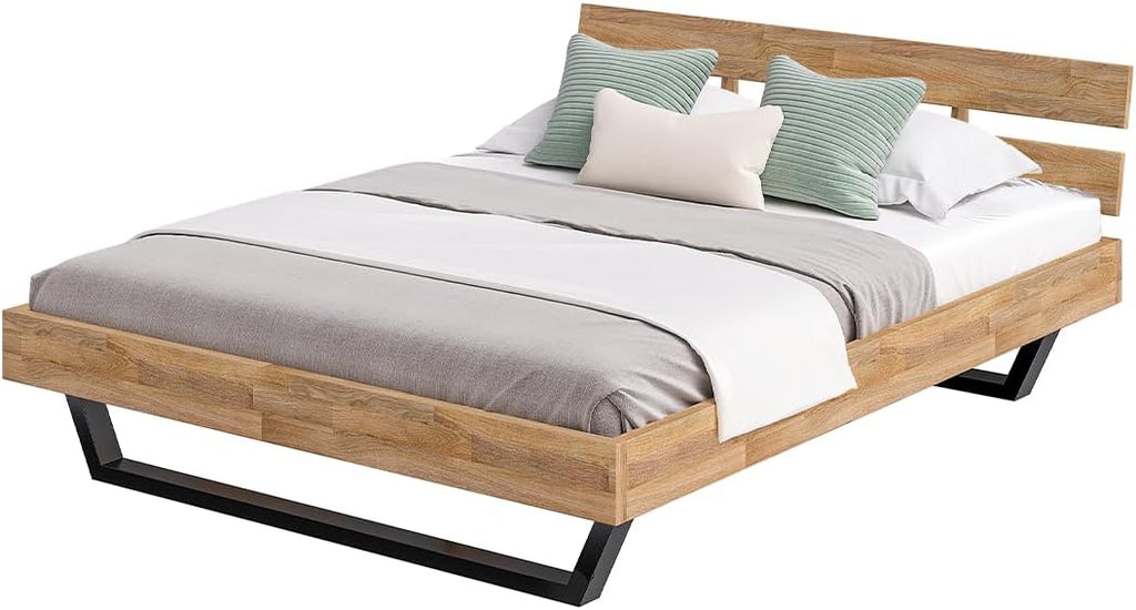 skølm Alver Massivholzbett 160x200 cm – Bettgestell aus Massivholz Eiche geölt – Holzbett mit schwarzen Metallkufen – hochwertiges Bett mit 2 Streben als Bettkopf – Bettrahmen geeignet als Doppelbett