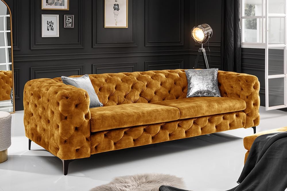 Sofá Chesterfield Riess Ambiente MODERN BAROCK 235 cm - amarillo mostaza - sofá de 3 plazas de terciopelo con núcleo de muelles, conjunto de salón