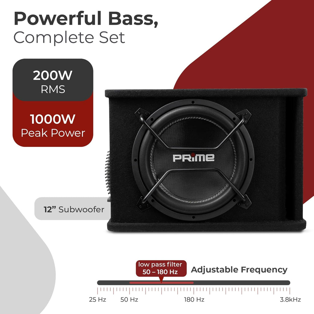 Caliber BC112SA-PRO – Subwoofer activo para coche de 12 pulgadas con amplificador integrado – Subwoofer para coche de 200W RMS – 1000W pico – Negro