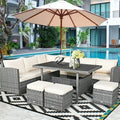 Conjunto de muebles de comedor para patio de 7 piezas de ratán con sofá seccional, mesa de comedor, otomanas y cojines