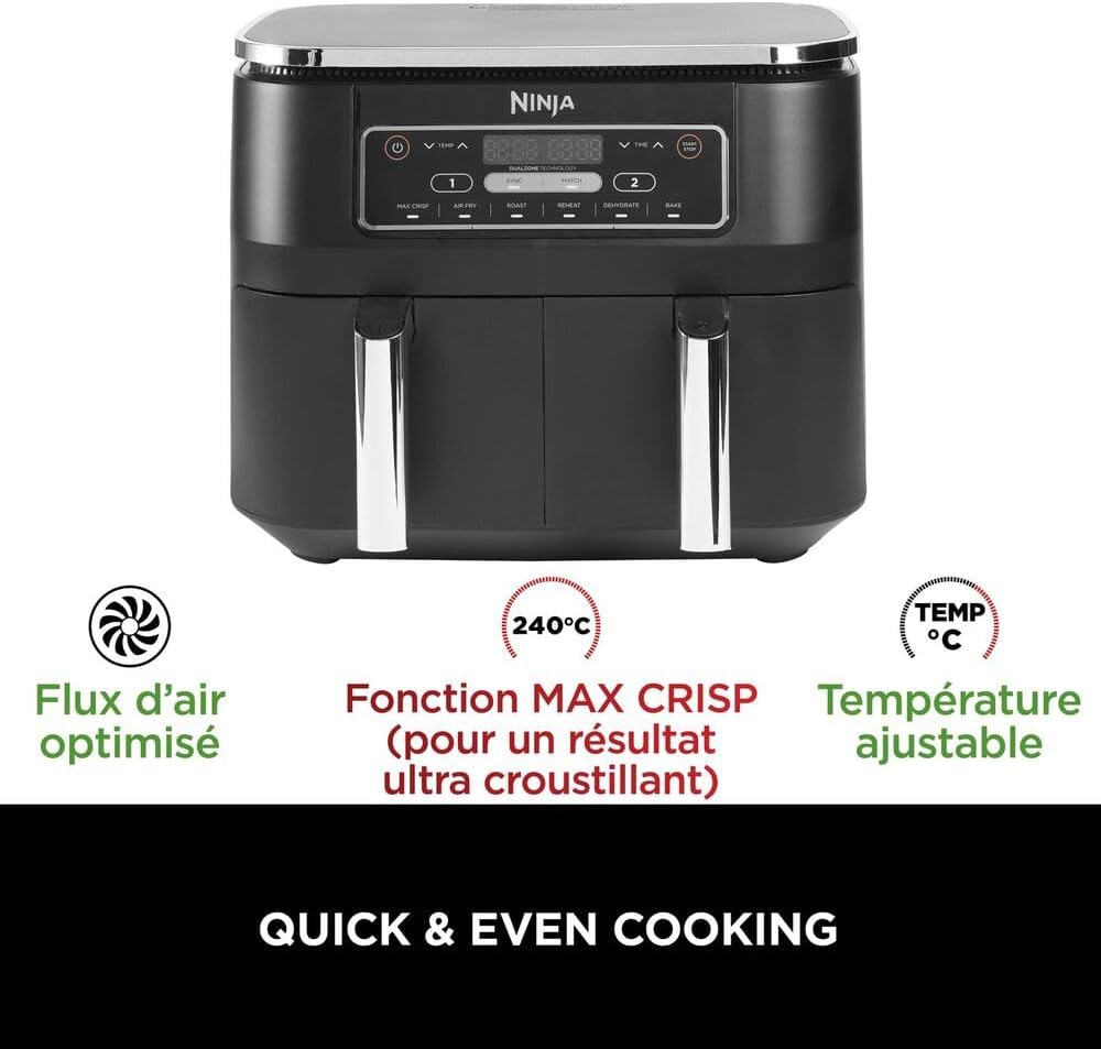 Freidora de aire NINJA Foodi DualZone, 2 compartimentos, 2 zonas de cocción independientes, capacidad de 7,6 L, freidora de aire 6 en 1, máx. 240 °C, piezas antiadherentes extraíbles aptas para lavavajillas, negro AF300EU