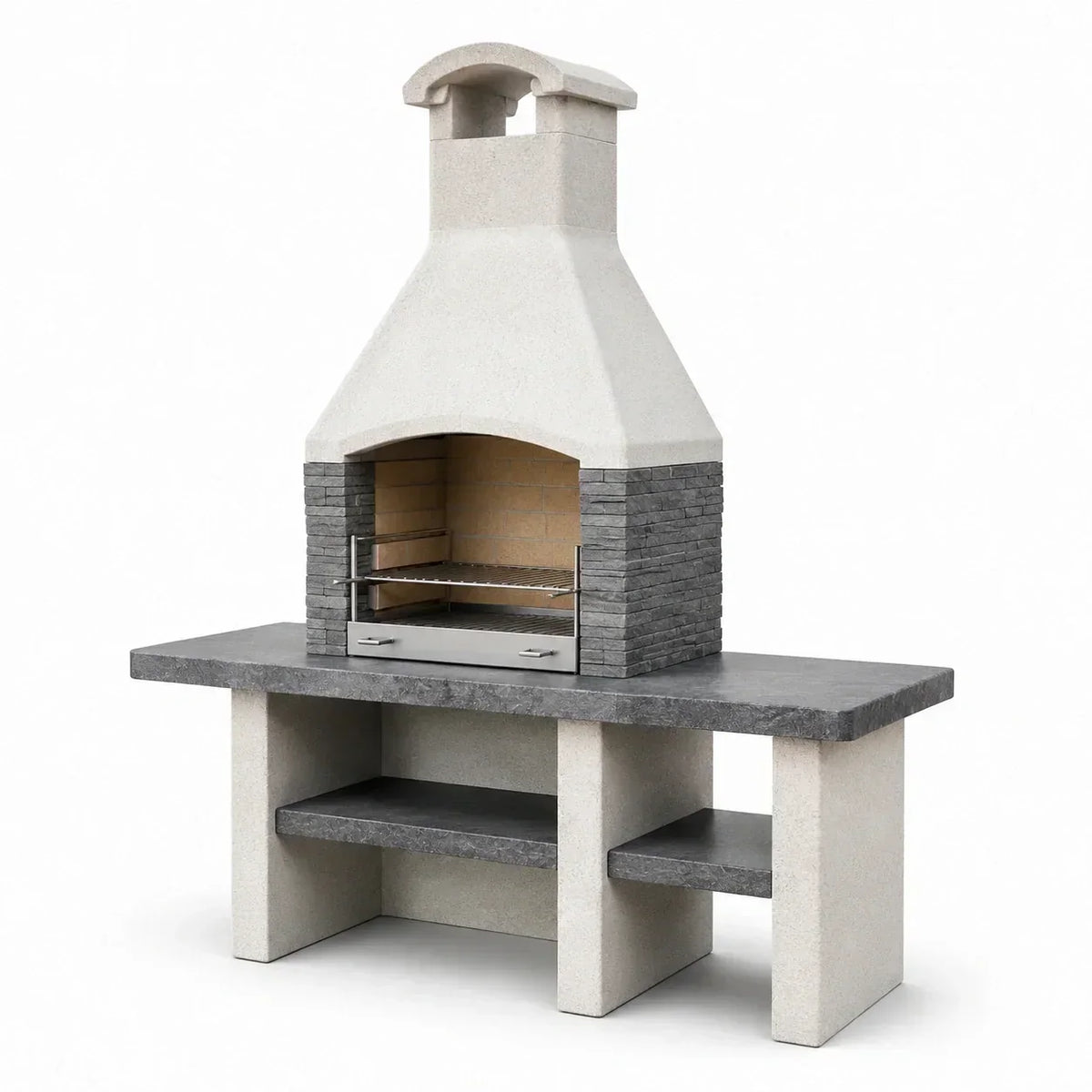 Barbacoa de hormigón con piedra natural y acero inoxidable, gris, 120x70x200 cm