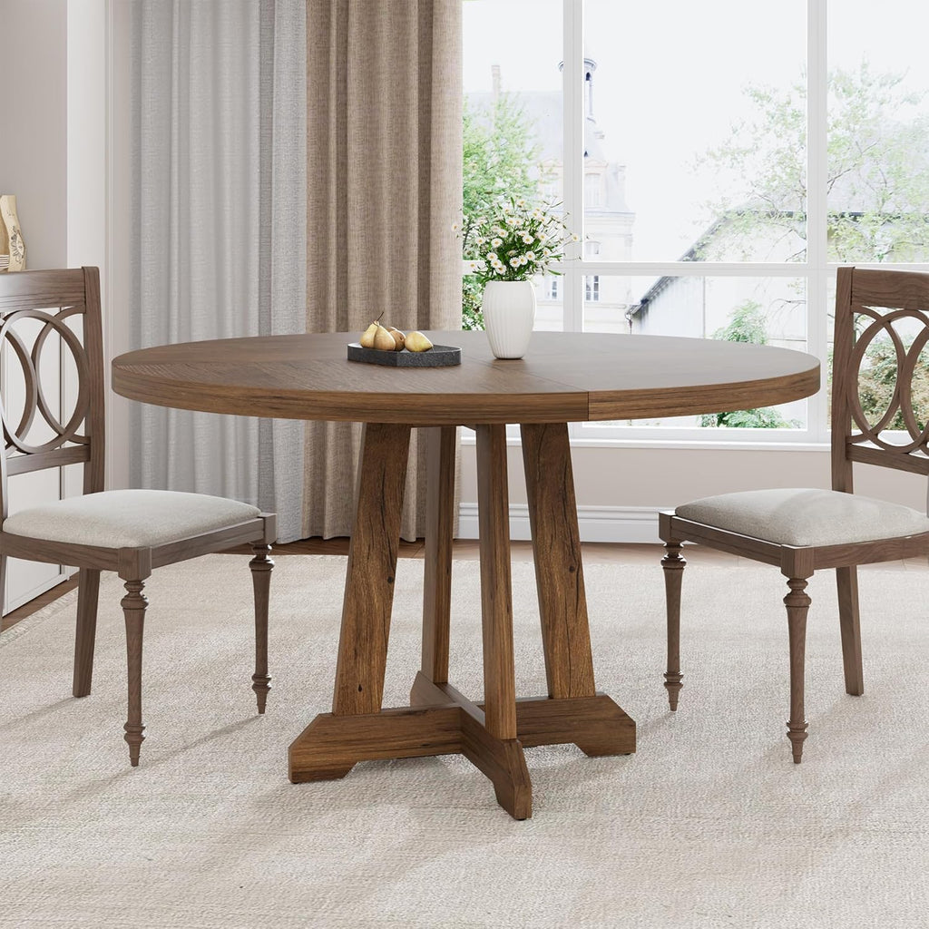 Mesa de comedor redonda para 4-6 personas, mesa de cocina con marco de madera resistente, mesa de comedor que ahorra espacio en diseño industrial, circular, mesas de comedor para café, hogar, cocina, sala de estar (solo mesa), color nogal