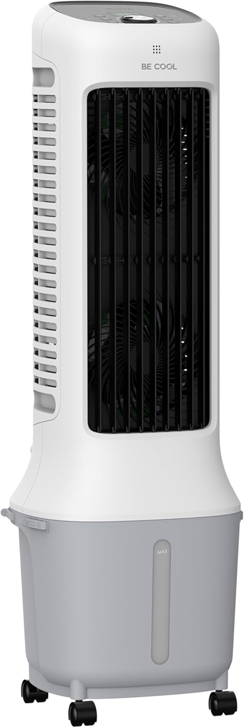 Enfriador de aire de torre premium BE COOL con depósito de agua de 10L y Wi-Fi – 38W, 24 velocidades, 3 modos de viento, alcance de flujo de aire de 12,5m, pantalla LED, control remoto, temporizador, función de secado de aire